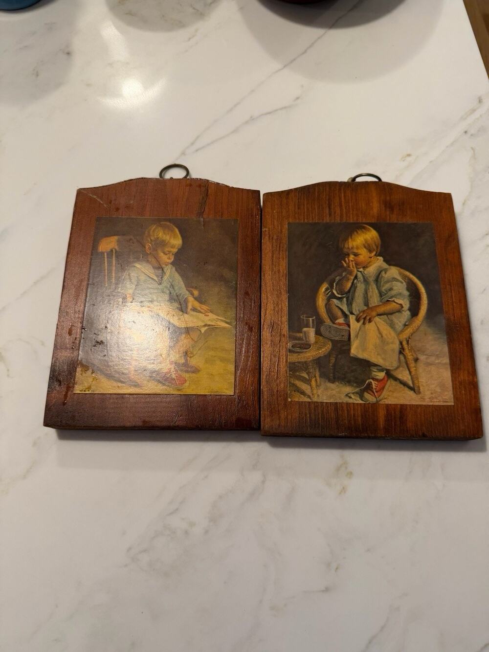2 Hummel Vintage Wood Wall Print Plaques Hanging Pictures Boy and Girl